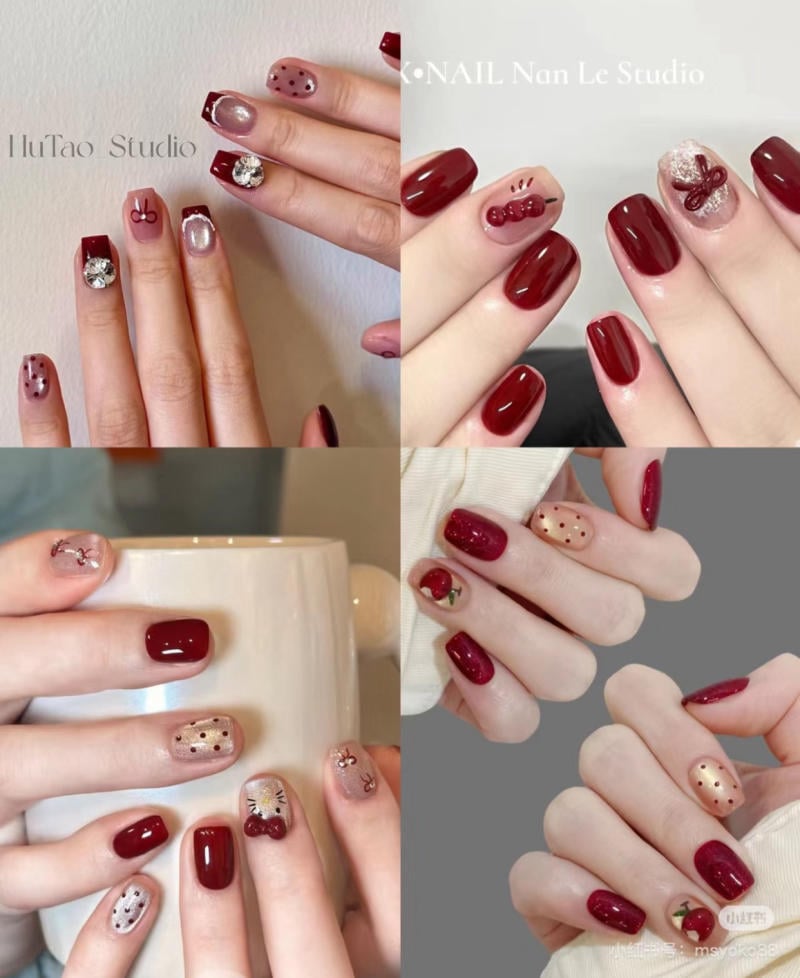 Bộ sưu tập móng tay sơn đỏ, họa tiết trái cây và chấm bi, được chụp từ nhiều góc khác nhau.