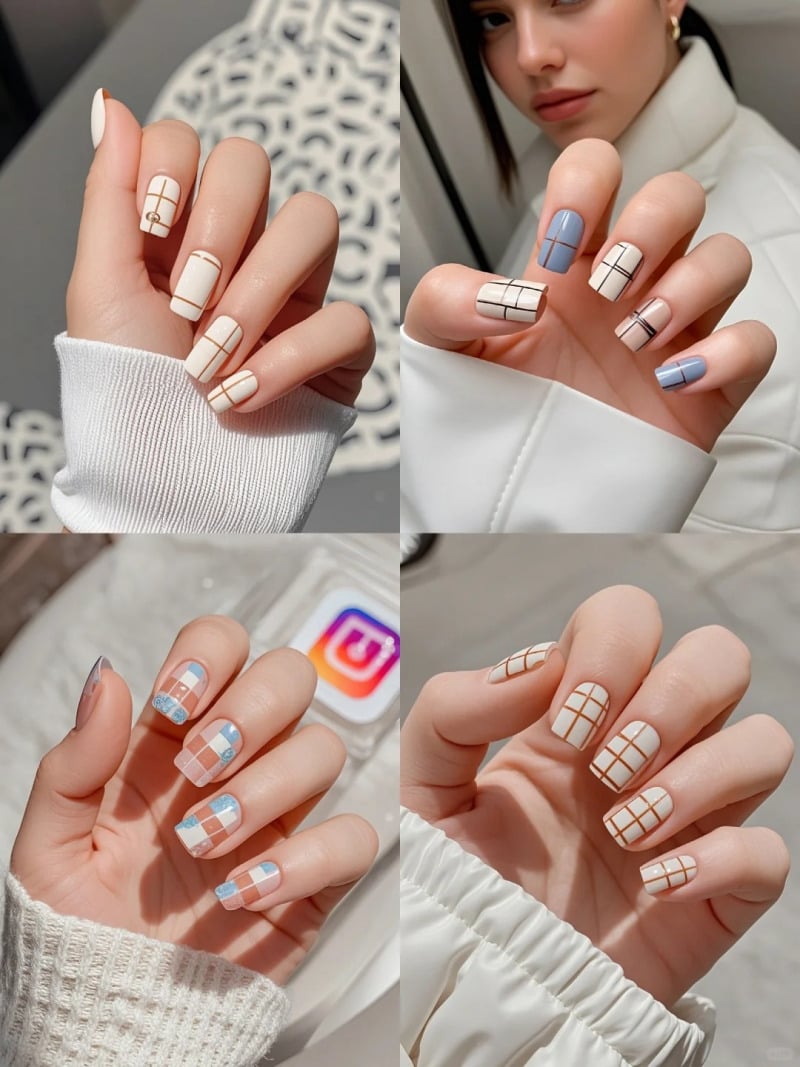 Bàn tay với móng tay được trang trí họa tiết kẻ ô màu sắc khác nhau, nền trắng và xanh, trong các khung cảnh khác nhau.