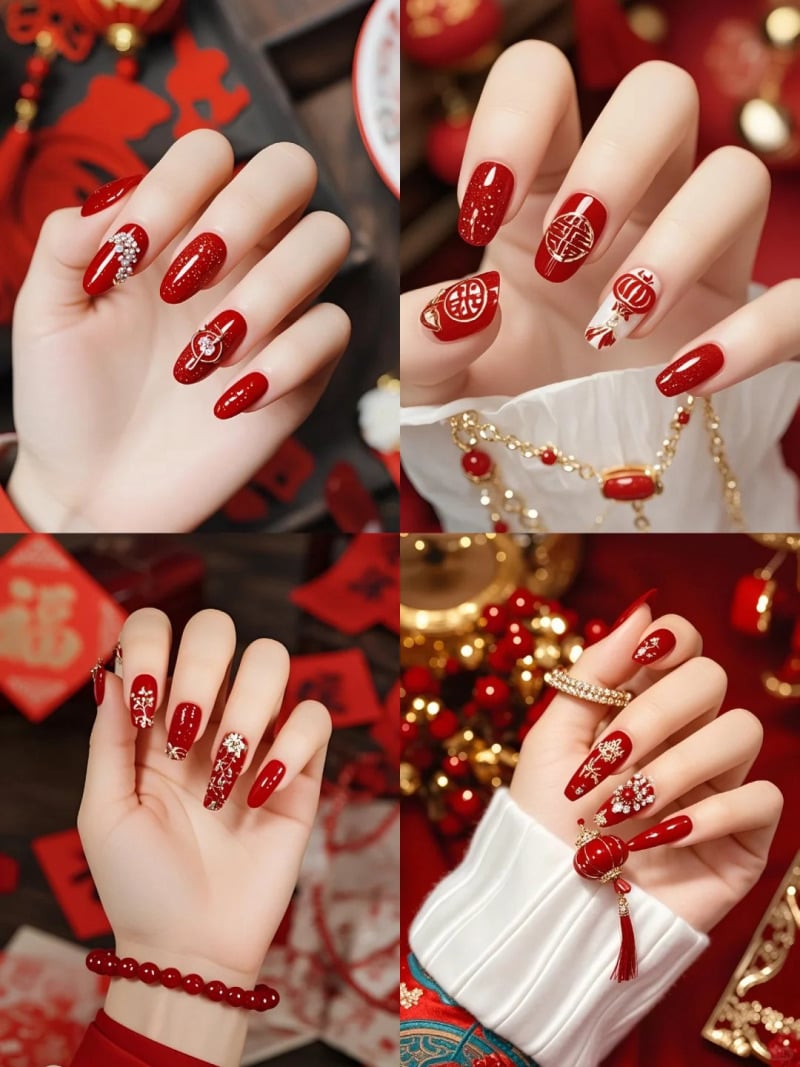Bộ móng tay được sơn màu đỏ với họa tiết trang trí tinh xảo, phù hợp với phong cách lễ hội truyền thống.