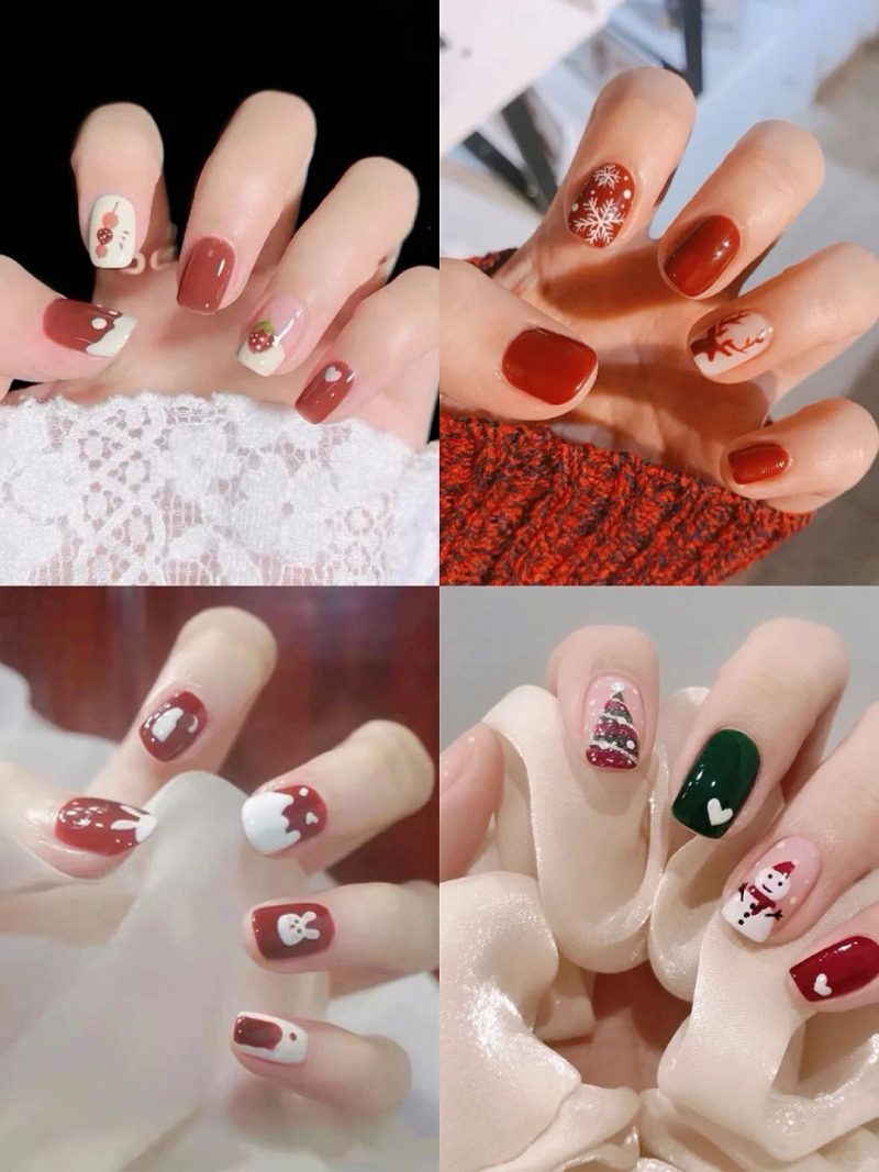 Bộ móng tay với họa tiết Giáng Sinh đa dạng, bao gồm cây thông, người tuyết và hoa tuyết trên nền đỏ và trắng.