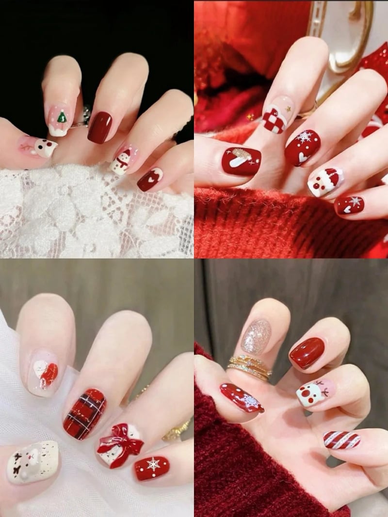 Bộ móng tay trang trí họa tiết Giáng Sinh với màu đỏ chủ đạo và các hình vẽ như cây thông, người tuyết, tuần lộc.