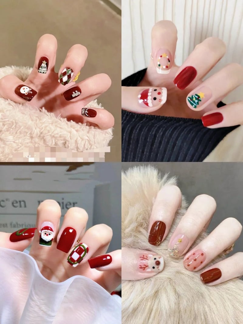 Bàn tay với móng tay được trang trí họa tiết lễ hội nhiều màu sắc và hình ảnh khác nhau.
