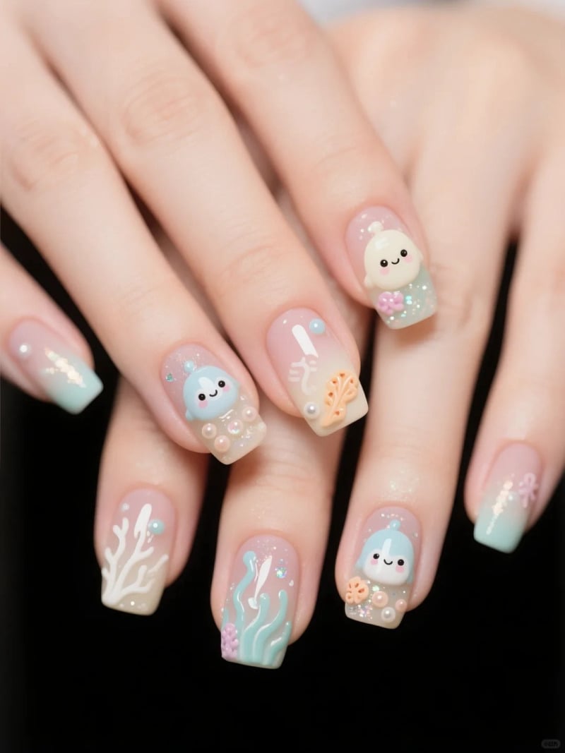 Bàn tay với móng tay được trang trí hình sinh vật biển và san hô, màu sắc pastel nhẹ nhàng.
