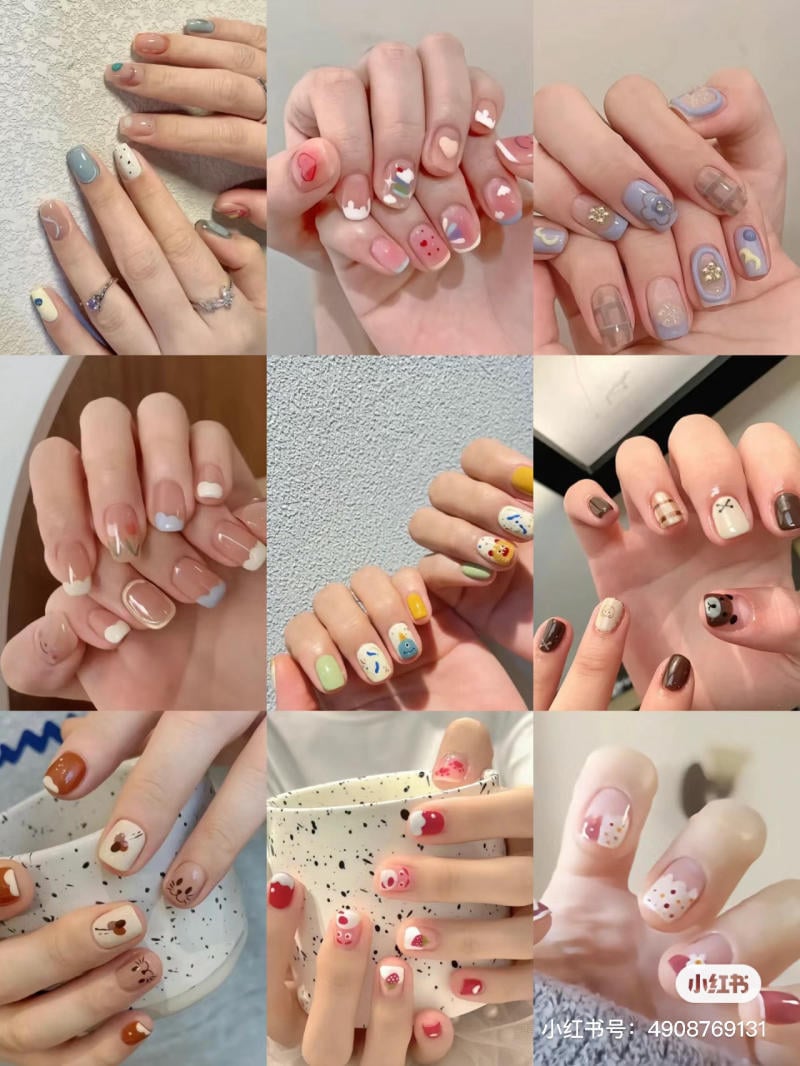 Ảnh ghép các mẫu móng tay nghệ thuật với nhiều màu sắc và họa tiết khác nhau.