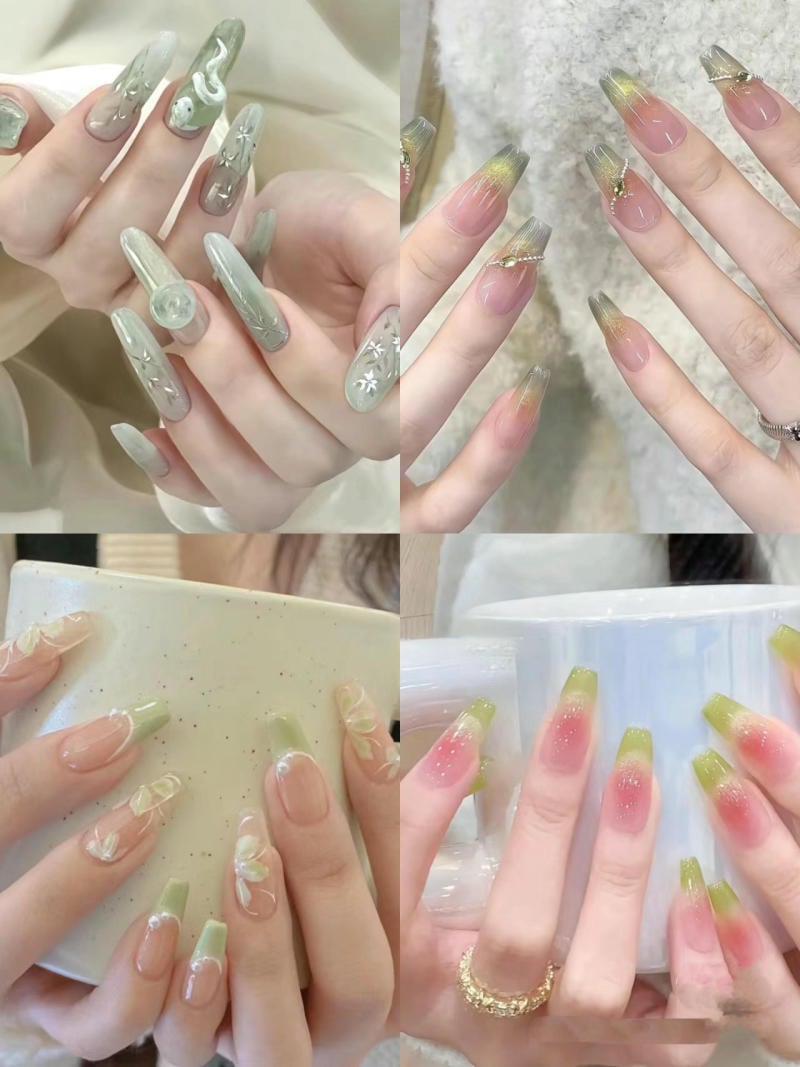 Bàn tay với móng tay được trang trí nghệ thuật đa dạng, màu sắc phong phú, cầm tách trong các bối cảnh khác nhau.