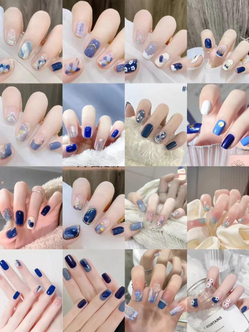 Bộ sưu tập m&oacute;ng tay với c&aacute;c thiết kế v&agrave; m&agrave;u sắc kh&aacute;c nhau, chủ yếu l&agrave; t&ocirc;ng xanh, được chụp trong &aacute;nh s&aacute;ng tự nhi&ecirc;n.