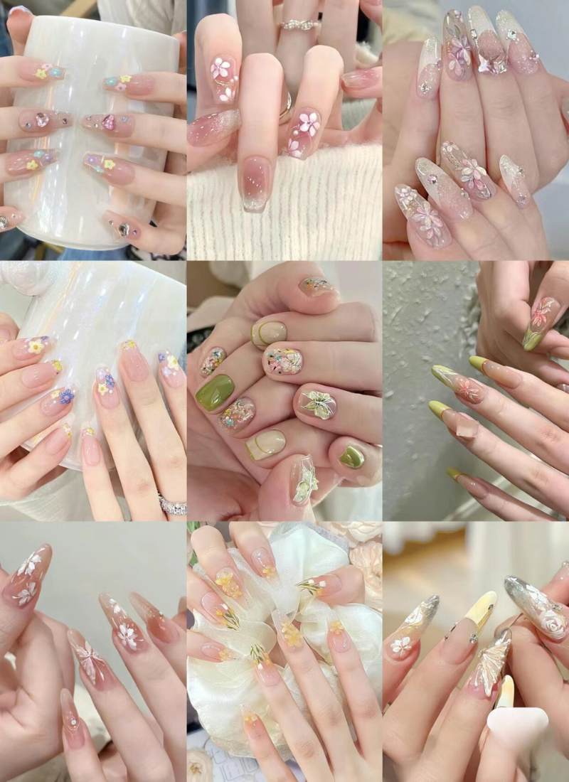 Bộ sưu tập móng tay nghệ thuật với nhiều kiểu trang trí hoa và họa tiết khác nhau.