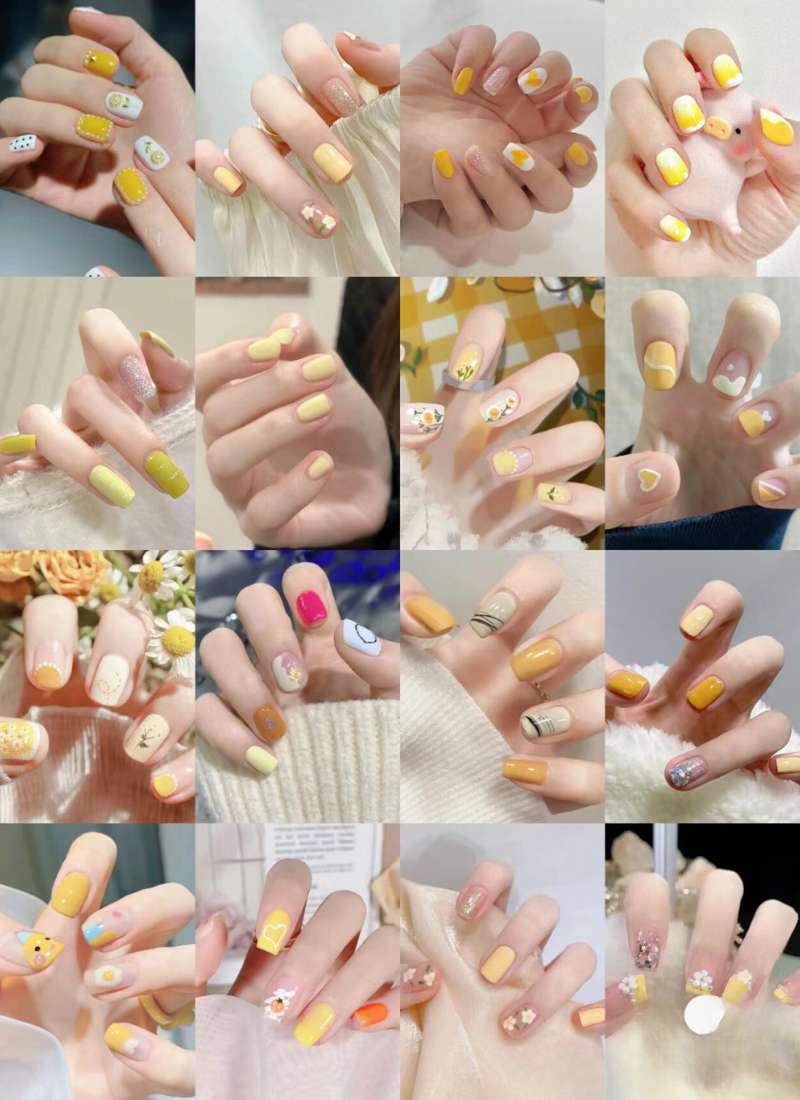 Bộ sưu tập móng tay với nhiều kiểu trang trí màu vàng khác nhau, từ hoa văn đến họa tiết đơn giản.