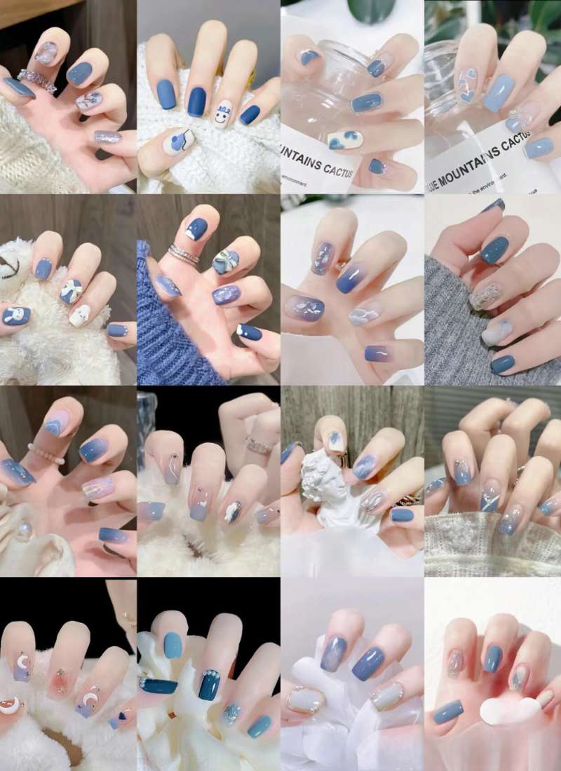 Bộ sưu tập các mẫu móng tay xanh dương với nhiều kiểu dáng và họa tiết trang trí khác nhau.