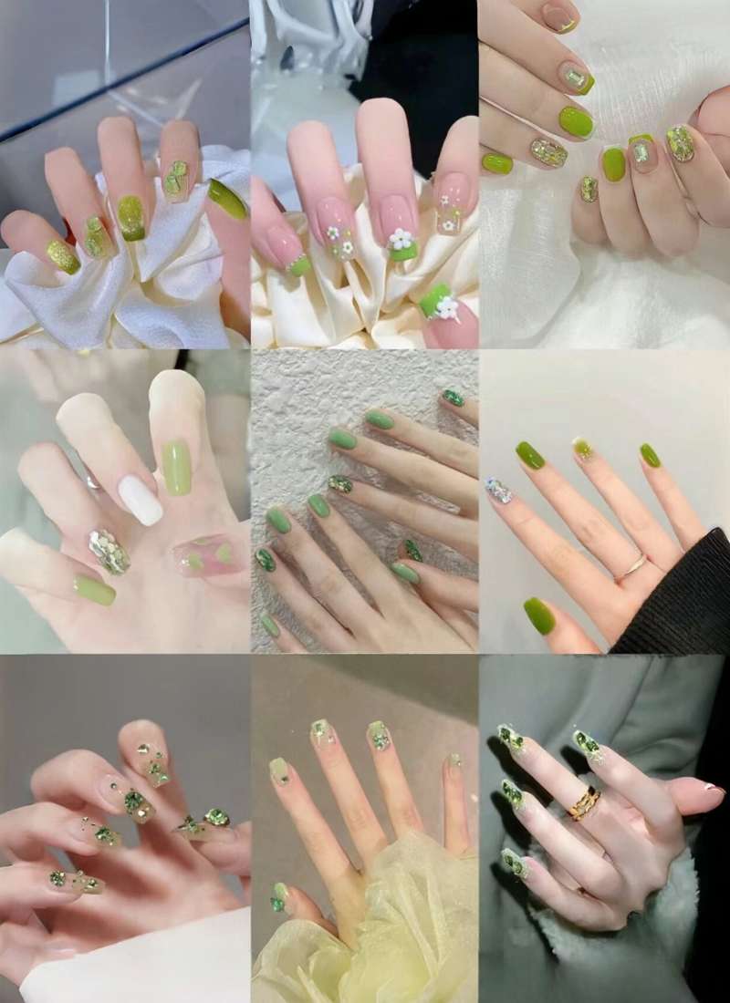 Bộ sưu tập móng tay với nhiều kiểu trang trí màu xanh lá cây, bao gồm hoa và kim tuyến.