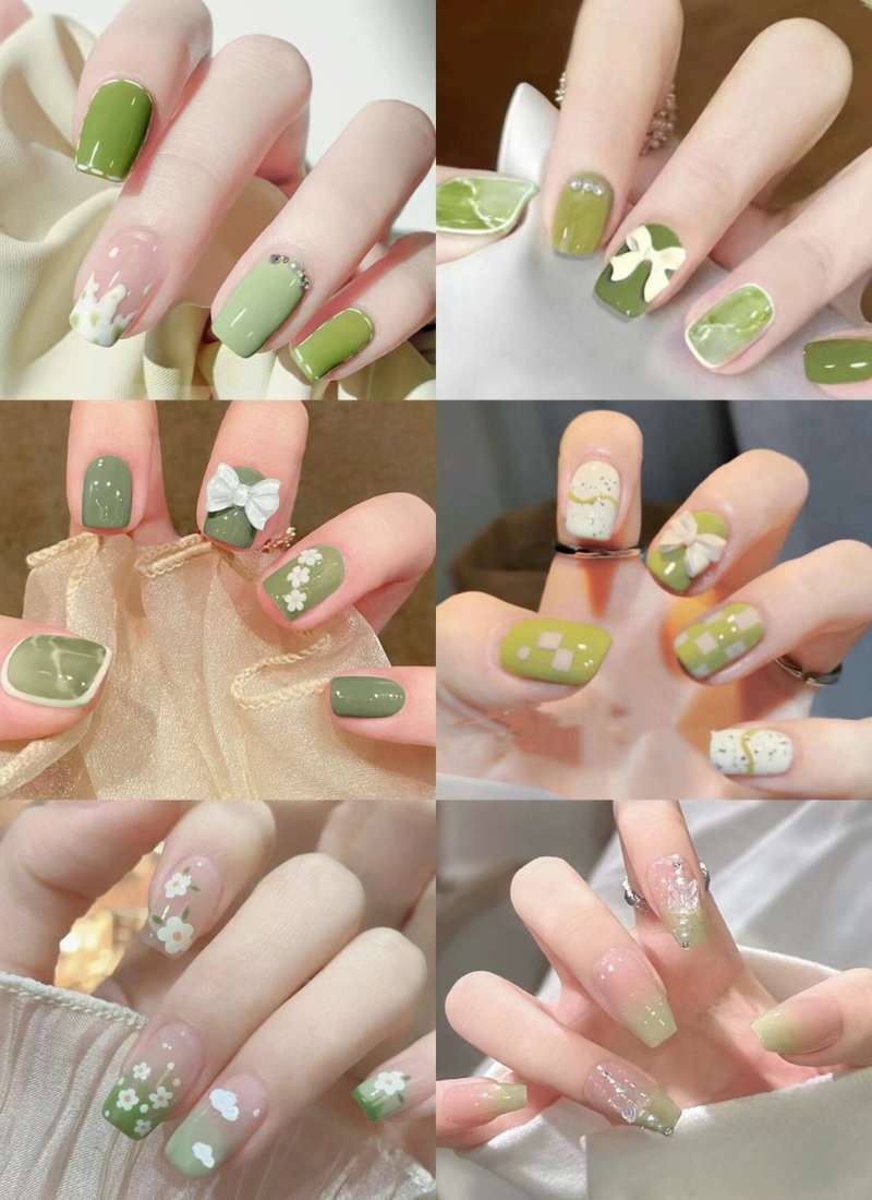 Bộ sưu tập móng tay với nhiều kiểu trang trí màu xanh lá và họa tiết hoa, nơ, tạo điểm nhấn sáng tạo.