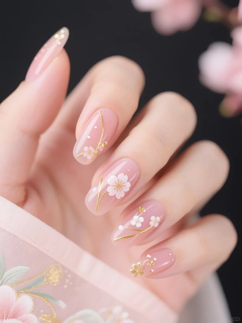 Bàn tay với móng tay được sơn màu hồng nhạt, trang trí họa tiết hoa trắng và đường viền vàng tinh tế.