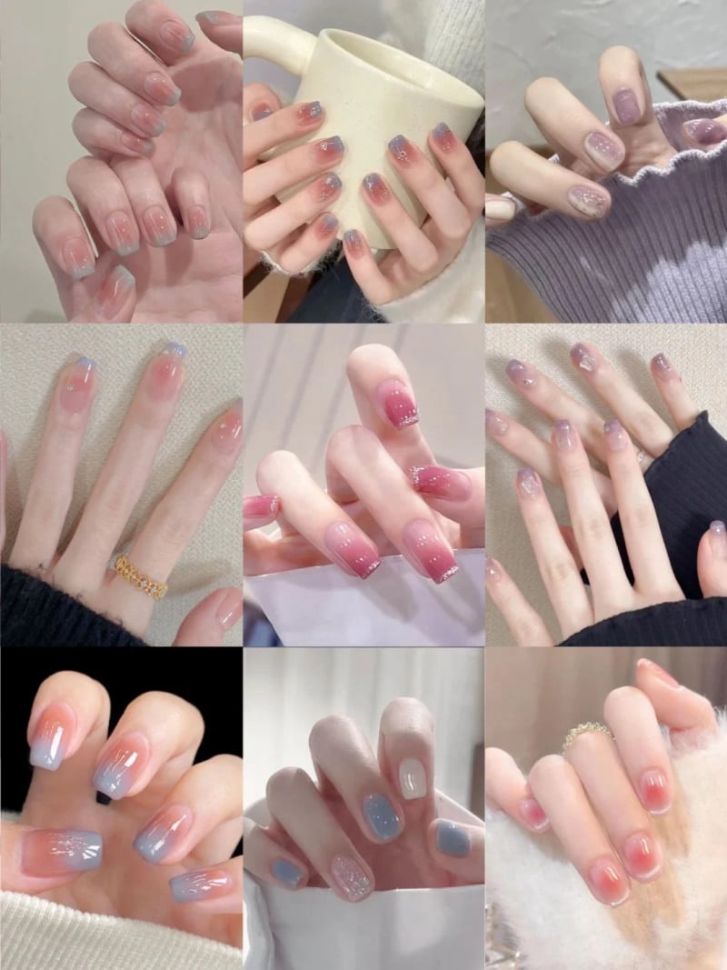 Bộ sưu tập các mẫu móng tay ombre với nhiều sắc màu khác nhau, được chụp từ nhiều góc độ khác nhau.