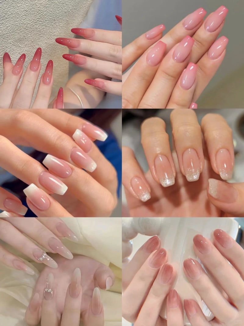 Bộ sưu tập các mẫu móng tay với nhiều kiểu dáng và màu sắc khác nhau, từ ombre đến sơn bóng và đính đá.
