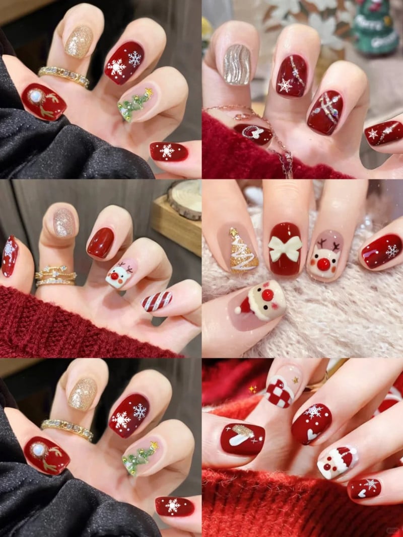 Bộ móng tay nghệ thuật với chủ đề Giáng Sinh, gồm các họa tiết cây thông, bông tuyết và hình nộm tuần lộc.