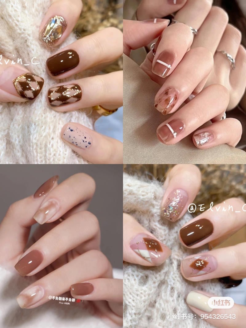 Bộ sưu tập móng tay trang trí nghệ thuật với màu nâu, vàng và kim tuyến, các họa tiết hình học sáng tạo.