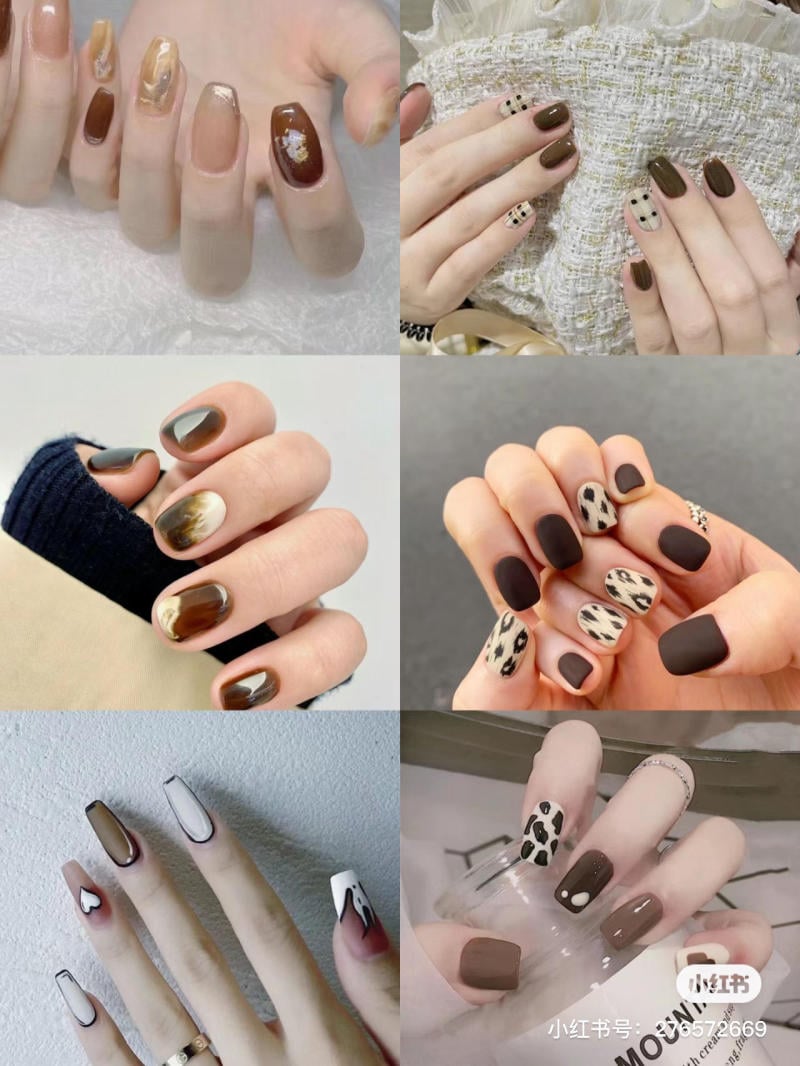Bộ sưu tập móng tay với các kiểu sơn màu nâu, họa tiết đa dạng và thiết kế sáng tạo.