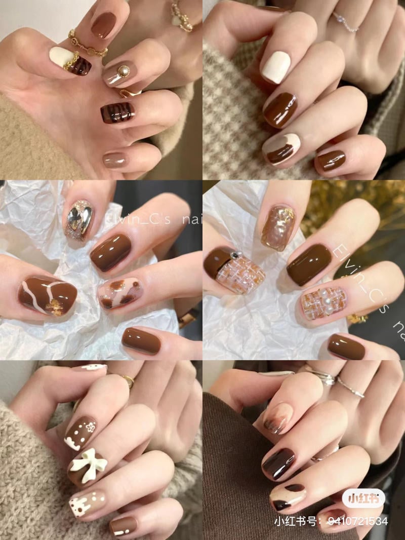 Bộ sưu tập móng tay với nhiều kiểu trang trí khác nhau, sử dụng tông màu nâu và trắng, có họa tiết đa dạng.