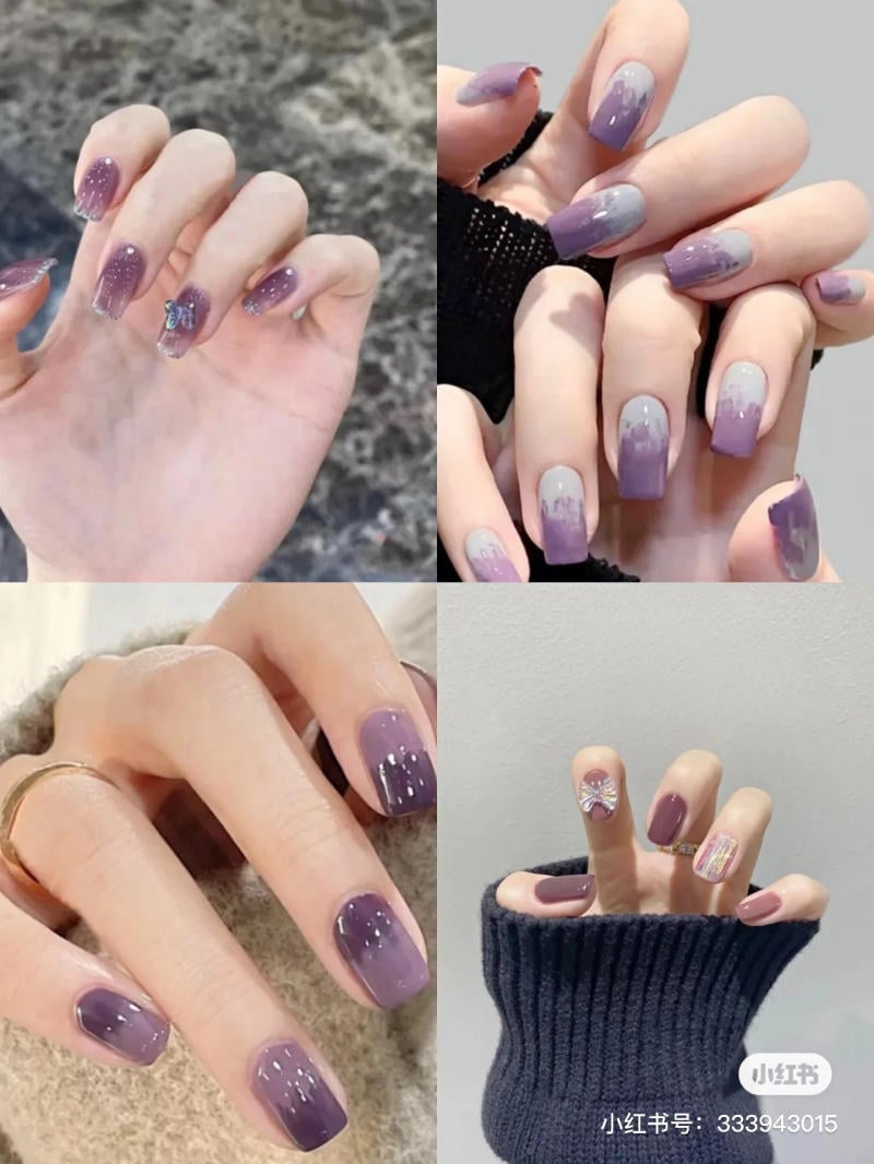 nail-mau-tim__22__80011b719ed842379e19d7c915af09fc Bộ móng tay với thiết kế màu tím, trang trí họa tiết đa dạng, bao gồm cả hoa văn và đính đá.