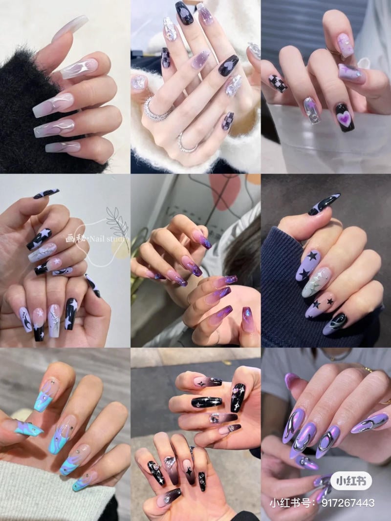 nail-mau-tim__89__1b6409b3d1734652a0c683ebbb4d2cca Bộ sưu tập móng tay nghệ thuật với nhiều kiểu dáng và màu sắc khác nhau, từ đơn giản đến phức tạp.
