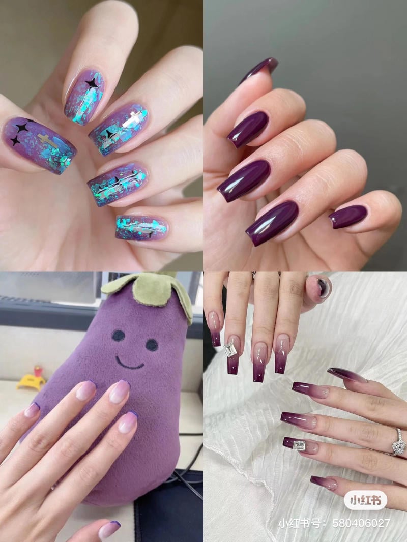 nail-mau-tim__90__fe11e74c02264e4dac1eac0b115f8ce4 Bốn mẫu móng tay với các kiểu trang trí và màu sắc khác nhau, từ sáng tạo đến tối giản.