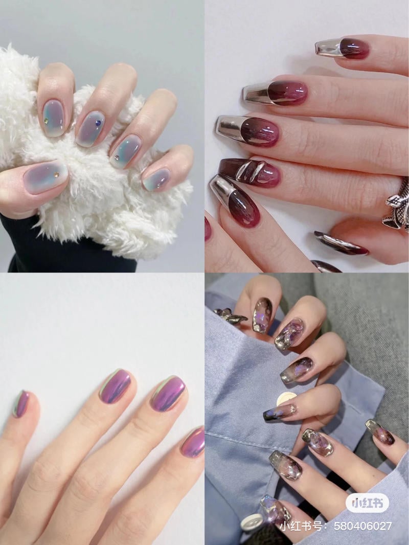 nail-mau-tim__91__9ac746b4d2884f19856304e1cd7aebdc Bốn kiểu móng tay được sơn và trang trí với nhiều màu sắc và họa tiết khác nhau.