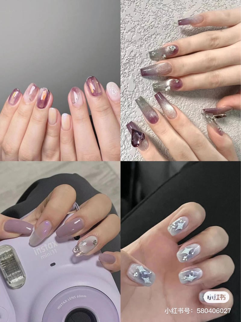 nail-mau-tim__92__28b6d9c8bfdf4a31b72ae37b8390fbad Bộ sưu tập móng tay nghệ thuật với các tông màu tím và họa tiết trang trí đa dạng, thể hiện sự sáng tạo.