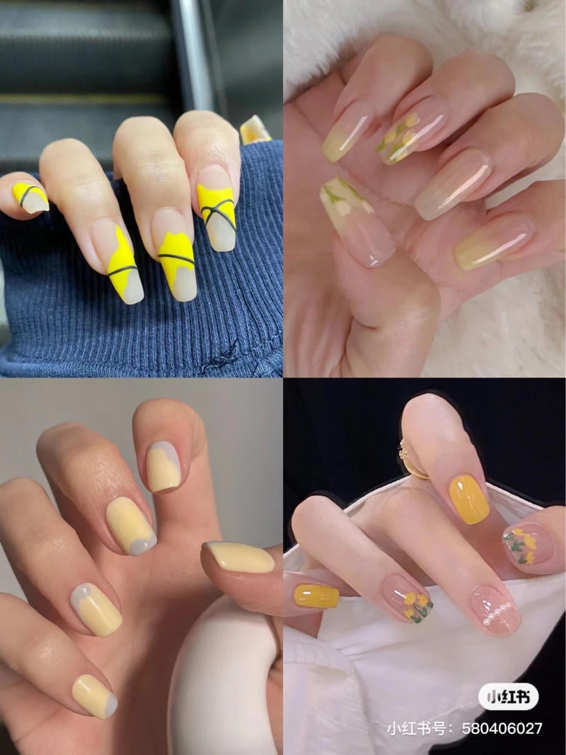 Bốn mẫu móng tay với các thiết kế và màu sắc khác nhau, chủ yếu là màu vàng.