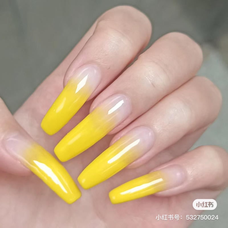 Bàn tay với móng tay dài được sơn màu vàng bóng, tạo kiểu ombre từ nhạt đến đậm.