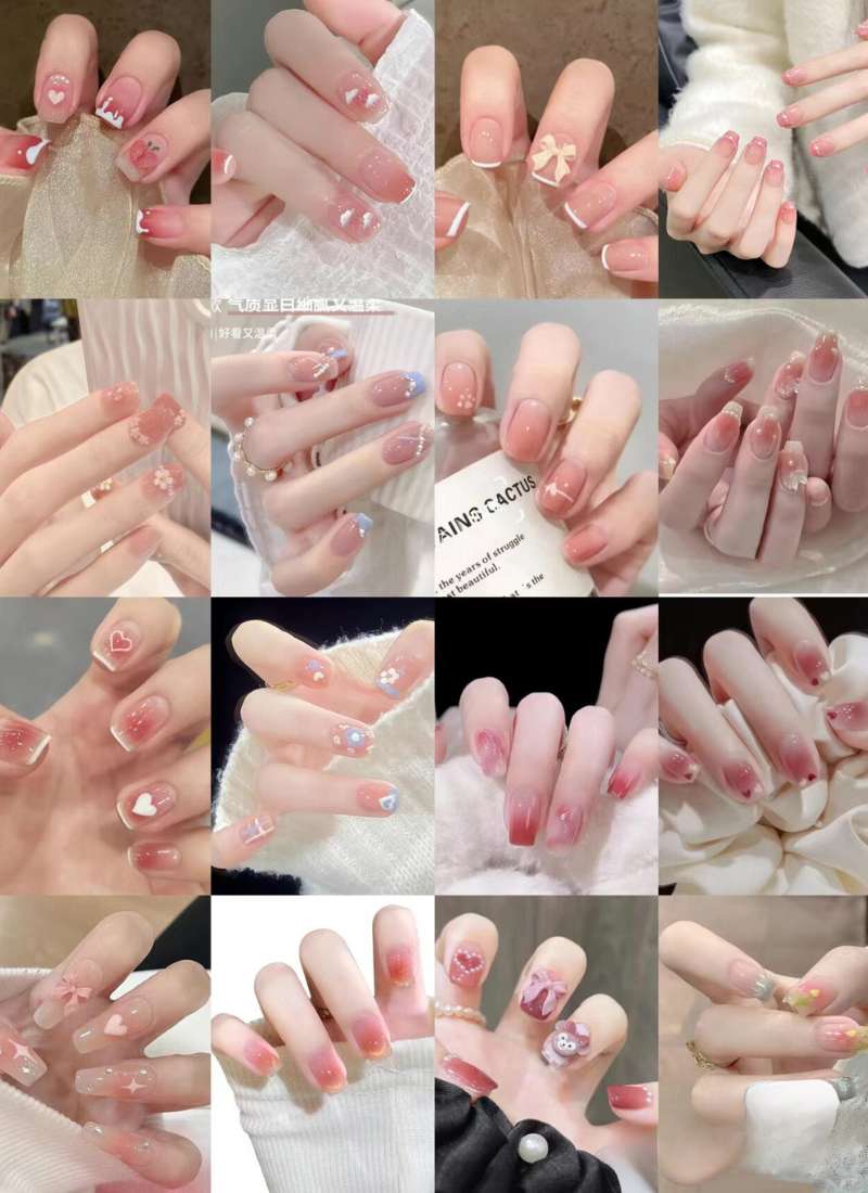 Bộ sưu tập móng tay với nhiều kiểu trang trí khác nhau, từ hoa văn đến màu sắc đa dạng và phụ kiện nhỏ.