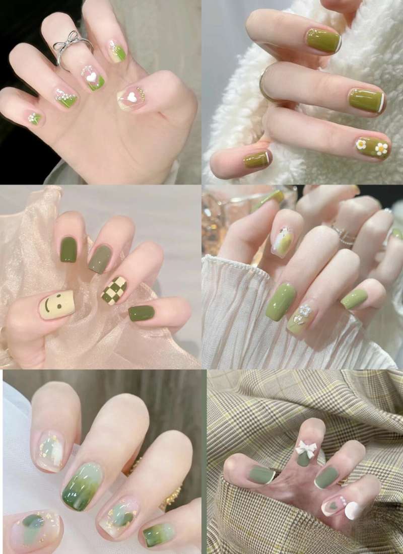 Bộ sưu tập móng tay trang trí với màu xanh lá cây và các họa tiết khác nhau như hoa, trái tim và hình cười.