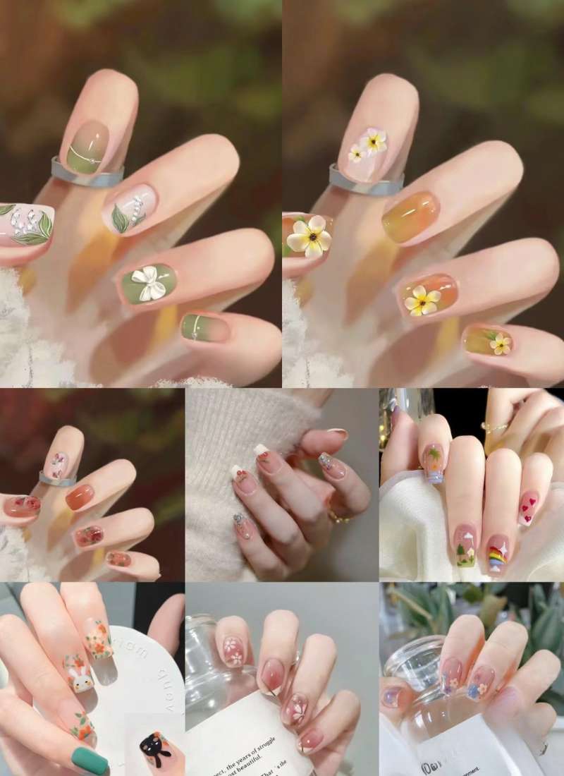 Bộ sưu tập móng tay với nhiều phong cách và họa tiết khác nhau, bao gồm hoa, hình học và họa tiết động vật.