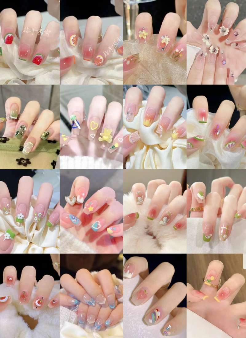Hình ảnh các mẫu nail nghệ thuật với nhiều màu sắc và họa tiết khác nhau trên móng tay.