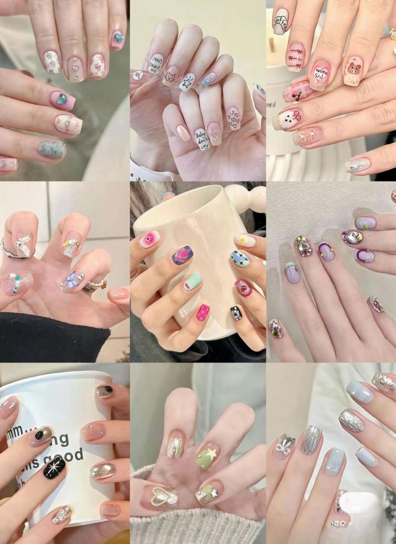 Bộ sưu tập móng tay với nhiều kiểu dáng và màu sắc đa dạng, từ hoa văn đến hình vẽ sáng tạo.