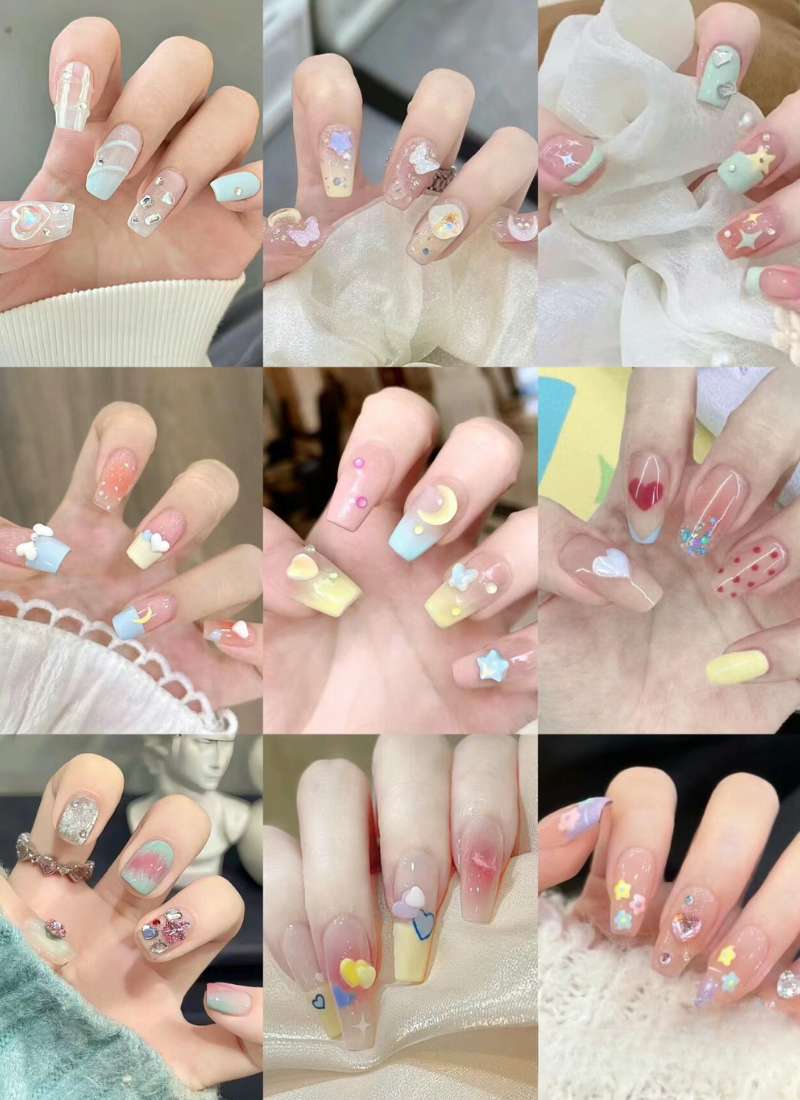 Một bộ sưu tập các mẫu móng tay nghệ thuật với nhiều màu sắc và họa tiết khác nhau.