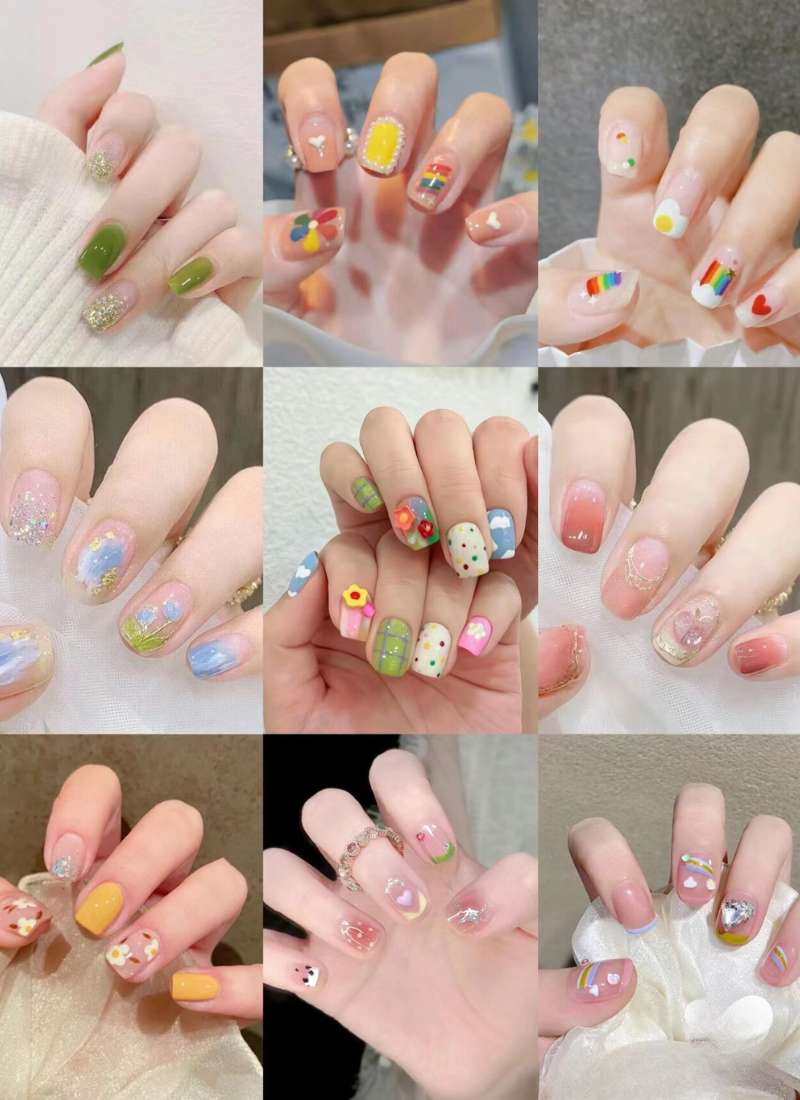 Bộ sưu tập hình ảnh móng tay với nhiều kiểu vẽ và màu sắc khác nhau, thể hiện sự sáng tạo và đa dạng.