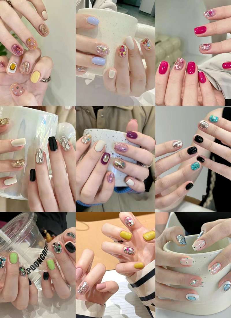 Bộ sưu tập móng tay đa dạng màu sắc và họa tiết, được chụp cận cảnh với nhiều phong cách khác nhau.