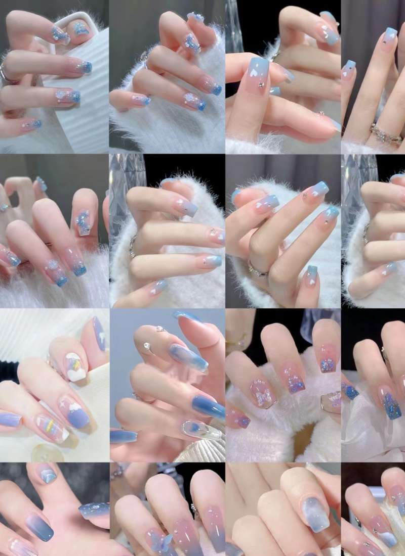 Bộ sưu tập hình ảnh móng tay với nhiều thiết kế và màu sắc khác nhau, chủ yếu là màu xanh và họa tiết trang trí.