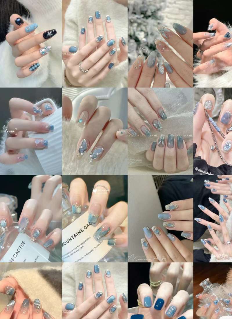 Bộ sưu tập móng tay với các thiết kế khác nhau, chủ yếu là tông màu xanh và trang trí đá lấp lánh.