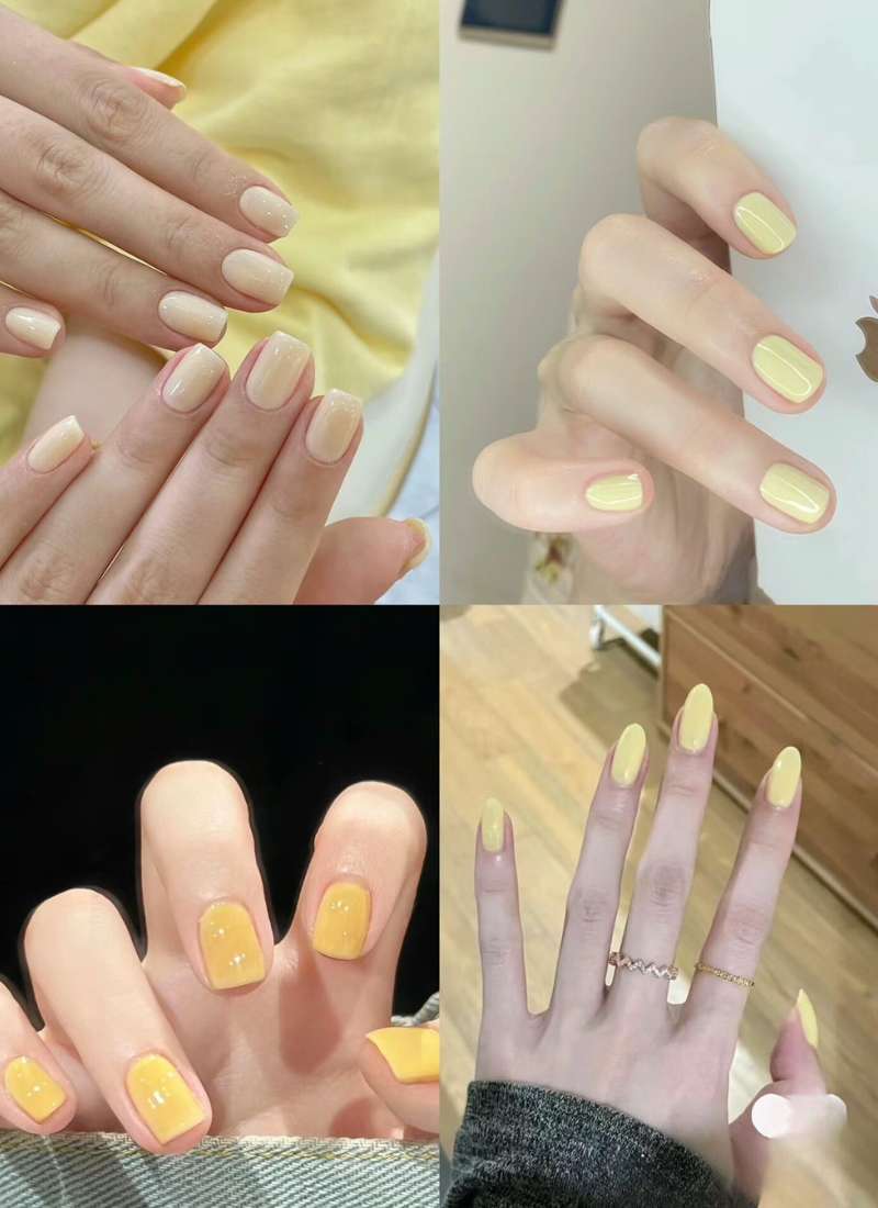 Bộ sưu tập bốn hình ảnh móng tay sơn màu vàng và màu be, có nhiều kiểu dáng và độ dài khác nhau.