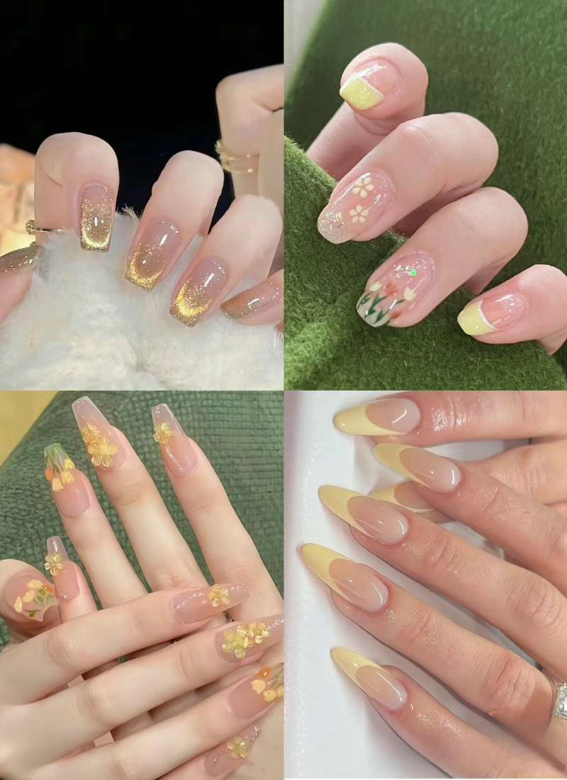 Bộ sưu tập móng tay với các kiểu trang trí khác nhau, từ ánh kim đến họa tiết hoa và màu sắc nhẹ nhàng.