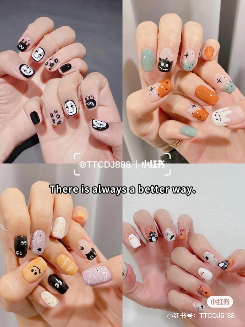 Bốn bộ móng tay với nhiều thiết kế hoạt hình và màu sắc khác nhau được trang trí sáng tạo.