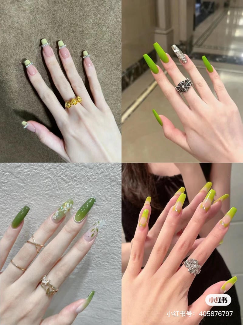 Bốn mẫu móng tay với các thiết kế khác nhau, chủ yếu là màu xanh lá cây và trang trí hoa văn.