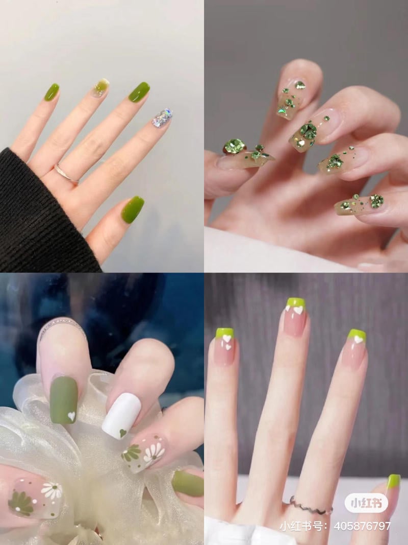Bốn mẫu móng tay với các thiết kế khác nhau, sử dụng màu xanh lá cây, trắng và trang trí họa tiết lấp lánh.