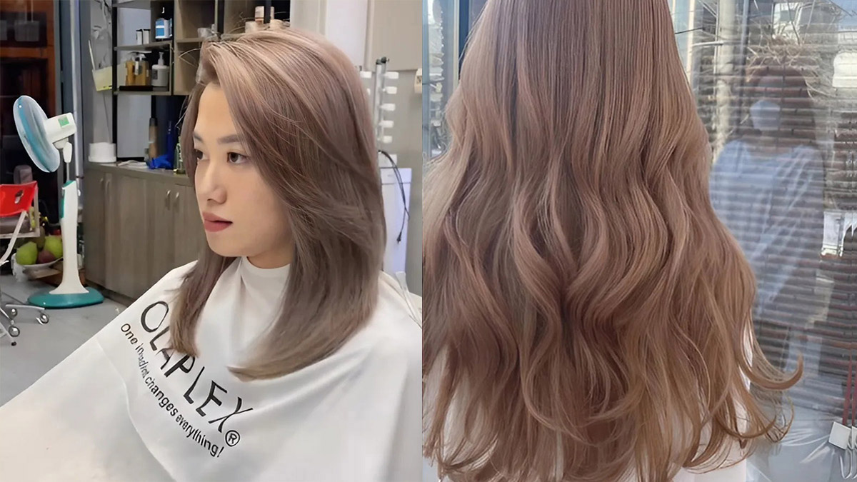 Người với tóc dài màu nâu sáng trong tiệm làm tóc, bên cạnh là hình tóc xoăn từ phía sau.