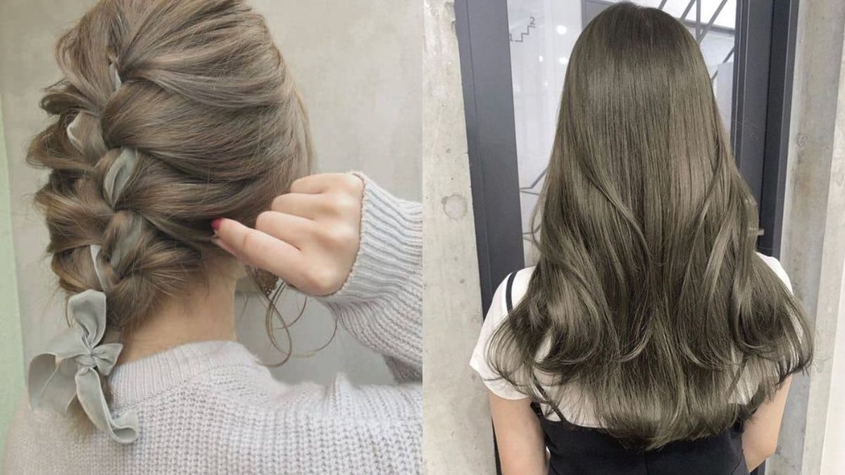 Hình ảnh hai kiểu tóc nữ, một bên tết bím với nơ và một bên tóc thẳng dài màu nâu.