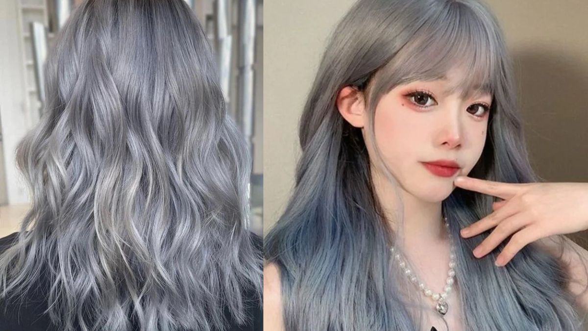 Hình ảnh tóc màu xám bạc, một kiểu nhìn từ phía sau và một kiểu nhìn từ phía trước với phụ kiện ngọc trai.