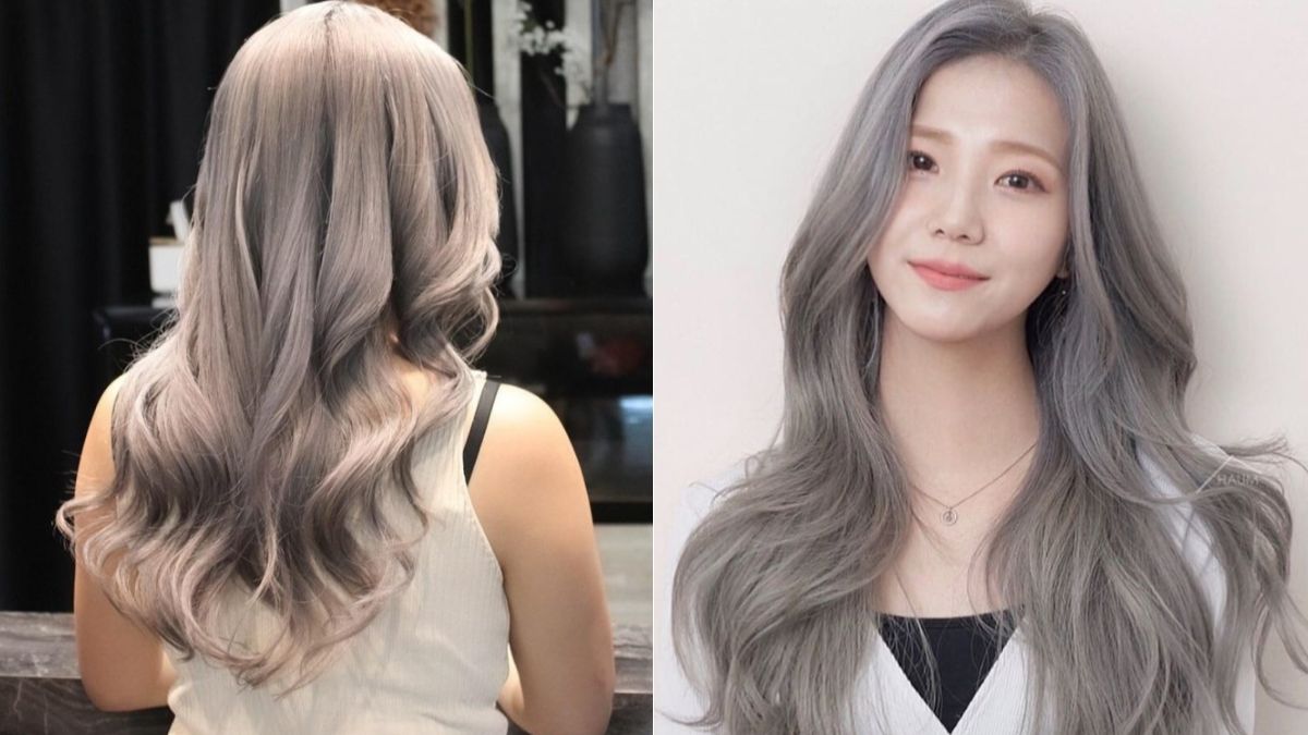 Người có mái tóc dài màu xám khói, nhìn từ phía sau và phía trước, trong bối cảnh trong nhà.