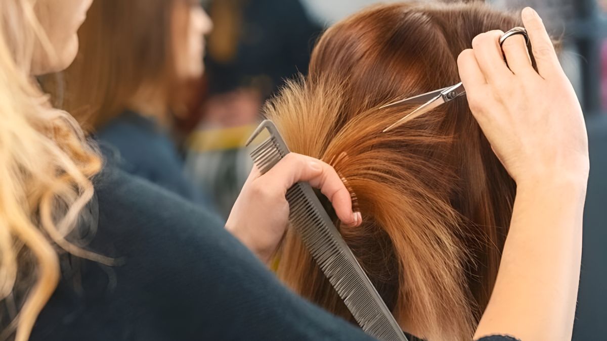 Người làm tóc đang cắt tóc nâu cho khách hàng bằng kéo và lược trong tiệm cắt tóc.