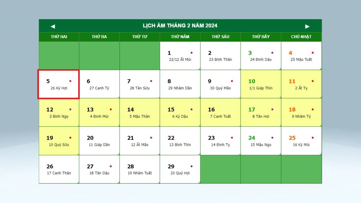 Lịch âm tháng 2 năm 2024 với các ngày được đánh dấu, có chú thích ngày âm và ngày dương.